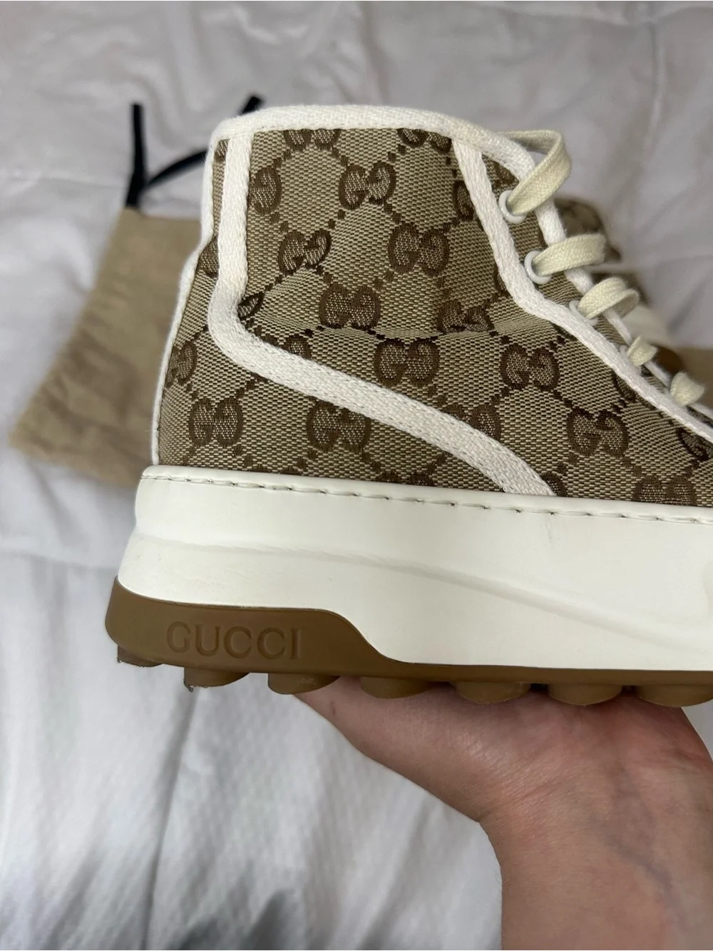 Gucci Beige GG Supreme High-Top Sneakers with White Trim and Gum Sole